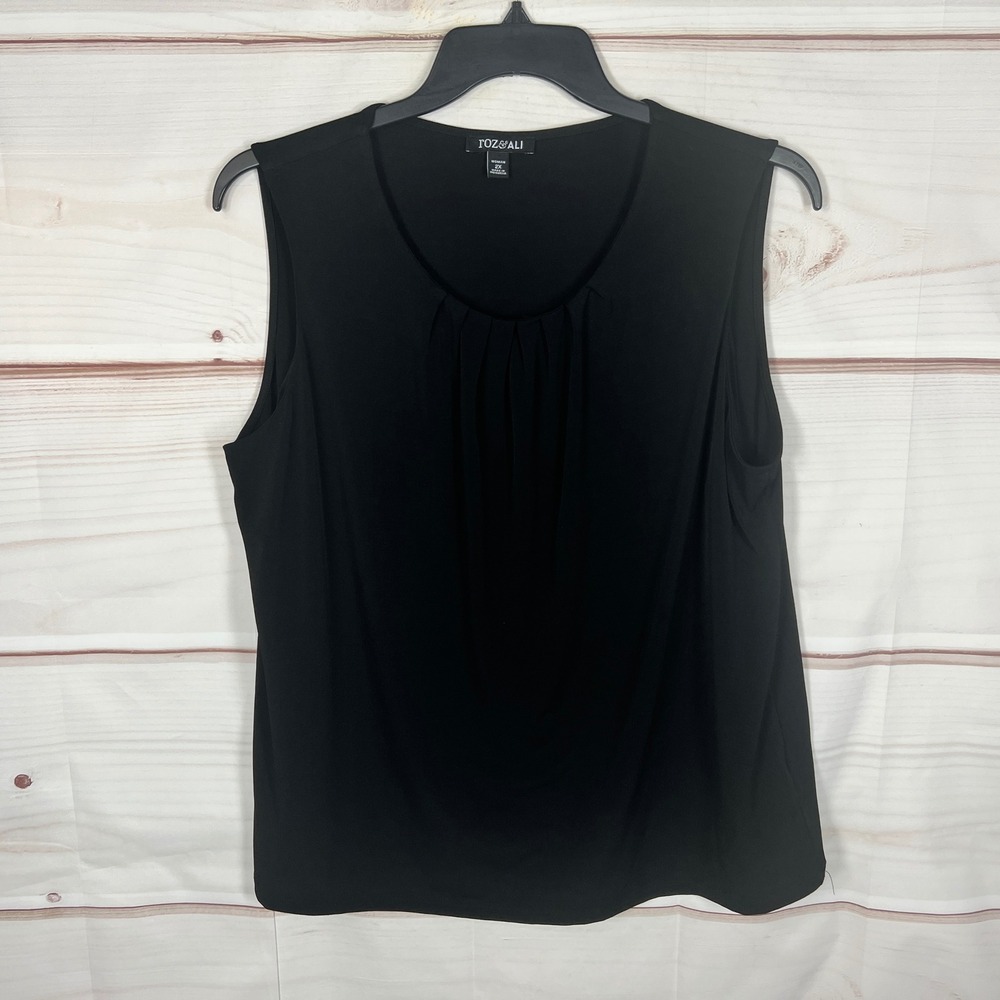 Roz & Ali Sleeveless Blouse Women 2X Black Solid Pleated‎ Neck Tank Top Knit